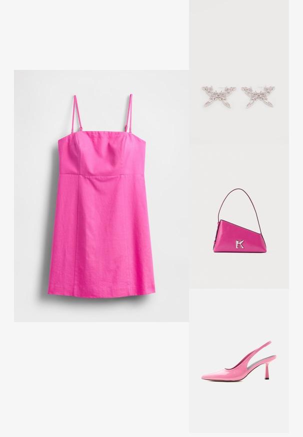 Roosa varrukateta kleit õhukeste rihmadega, keha ümberistuv bodi ja voogav seelik. Valmistatud kerge kangaga, millel on sile tekstuur.; Läikiv roosa slingback pump, terava varbaosaga ja keskmise kõrgusega plokktakjaga valgel taustal.; Erkpunane nahast käekott terava kujuga, ühe rihmaga ja hõbedase "K" logoga esiküljel, tavalise valge tausta ees.; Roosad kristallidega kaunistatud kõrvarõngad keerukate kujudega ja metallsete aktsentidega. Kerge disain, millel on filigraanmuster ja postitamise tagused.