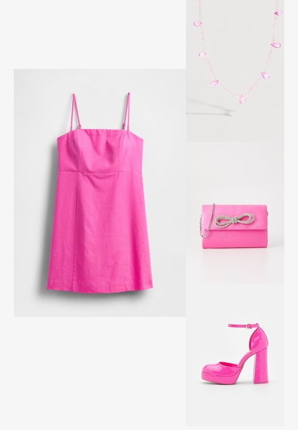 Roosa varrukateta kleit õhukeste rihmadega, keha ümberistuv bodi ja voogav seelik. Valmistatud kerge kangaga, millel on sile tekstuur.; Call it Spring ANABELLE - Platvormkontsad - dark pink; Roosa faux nahast klamber hõbedase kettrihmaga ja ees rhinestone-sõlme aktsendiga. Ristkülikukujuline kuju sujuva tekstuuriga.; Delikaatne kaelakee läbipaistvate roosade helmeste ja suuremate pisarakujuliste roosade vääriskividega, mis on niidil valgel taustal ühtlaselt jaotatud.