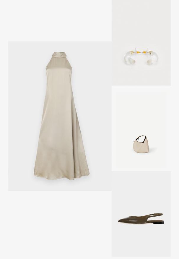 Robe maxi en satin beige clair, dotée d'un col haut et d'une silhouette fluide. Texture lisse avec un léger brillant, sans motifs visibles.; Chaussure plate à bout pointu vert olive avec bride arrière, talon noir bas et finition lisse et brillante.; Sac à main en cuir beige en forme de croissant avec une seule bandoulière et des coutures minimalistes, posé sur un fond blanc uni.; Boucles d'oreilles en acrylique transparent avec accents dorés, présentant un design incurvé et un fermoir transparent. Texture lisse, style minimaliste.