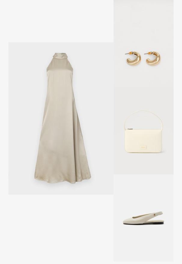 Robe maxi en satin beige clair, dotée d'un col haut et d'une silhouette fluide. Texture lisse avec un léger brillant, sans motifs visibles.; Chaussure plate slingback en cuir couleur crème avec un bout arrondi et un petit emblème doré sur la bride.; Sac à main rectangulaire de couleur crème avec une seule sangle et une fermeture éclair sur le dessus, comportant une petite plaque de logo embossé à l'avant.; Deux boucles d'oreilles en forme de cerceau en or brillant, avec un design courbé, présentant des accents orange près de la tige, sur fond blanc uni.