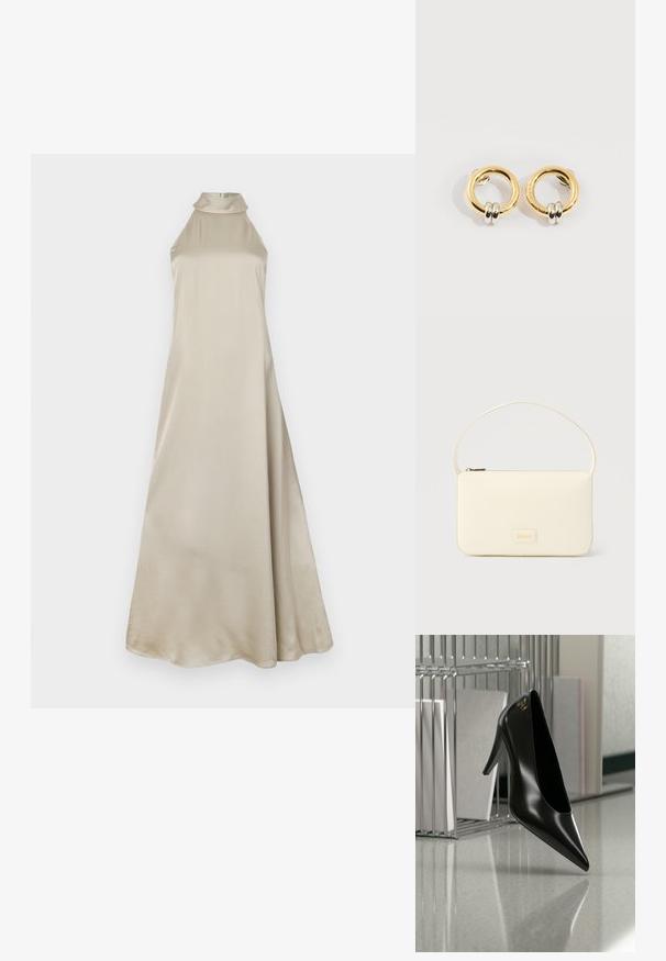 Vestido maxi en satén beige claro, con cuello alto y una silueta fluida. Textura suave con un ligero brillo, sin patrones visibles.; Zapato de tacón alto negro con punta afilada y logo dorado, colocado sobre una superficie reflectante cerca de un organizador de archivos de alambre cromado con documentos.; Bolso rectangular color crema con una sola correa y cremallera superior, con una pequeña placa de logotipo en relieve en el frente.; Pendientes circulares de oro con dos pequeños anillos de plata en cada uno, que muestran detalles sutiles del nombre de la marca grabado, colocados sobre un fondo blanco.