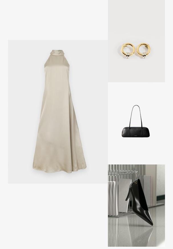 Vestido maxi en satén beige claro, con cuello alto y una silueta fluida. Textura suave con un ligero brillo, sin patrones visibles.; Zapato de tacón alto negro con punta afilada y logo dorado, colocado sobre una superficie reflectante cerca de un organizador de archivos de alambre cromado con documentos.; Bolso de mano rectangular de cuero negro con asas largas y delgadas y logo dorado "Calvin Klein" en el centro delantero.; Pendientes circulares de oro con dos pequeños anillos de plata en cada uno, que muestran detalles sutiles del nombre de la marca grabado, colocados sobre un fondo blanco.