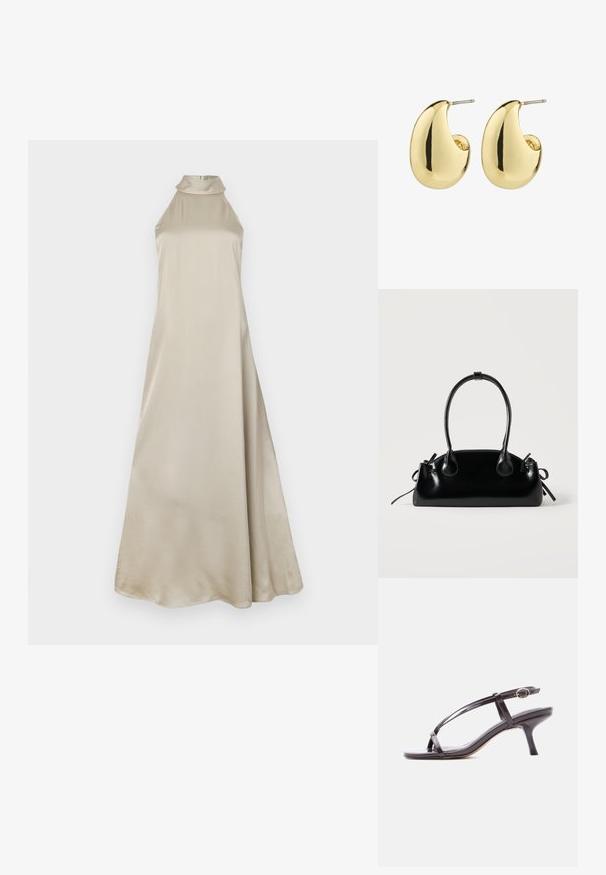 Vestido maxi en satén beige claro, con cuello alto y una silueta fluida. Textura suave con un ligero brillo, sin patrones visibles.; Sandalia de piel negra charol con tacón bajo, tiras finas cruzadas y una pequeña hebilla dorada en la correa del tobillo.; Pequeño bolso negro brillante con dos asas largas y detalles de cordón lateral sobre un fondo claro liso.; Pendientes de stud en tono dorado con una superficie suave y pulida, que presentan una forma abstracta en forma de lágrima. Hardware de metal simple para la sujeción.