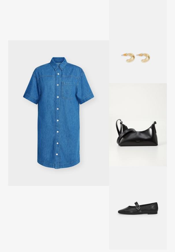 Camisa de mezclilla de manga corta en azul brillante, con tapeta de botones, un bolsillo en el pecho y dobladillo recto. Textura suave.; Zapato plano de cuero negro con punta redondeada, una sola correa ajustable con hebilla y una textura suave y brillante. Diseño minimalista con un tacón bajo.; Bolso de mano de cuero negro con una textura suave. Cuenta con una correa ajustable y un diseño elegante y minimalista con cierre de cremallera.; Pendientes en forma de media luna de oro con un acabado suave, que presentan acentos naranjas cerca del pasador y herrajes de plata.