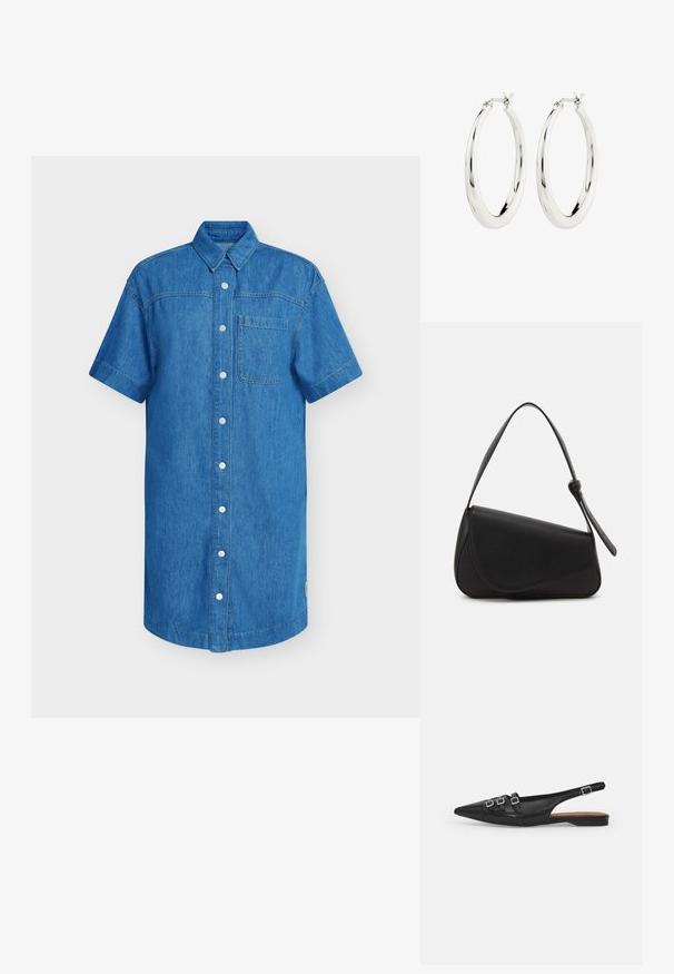 Camisa de mezclilla de manga corta en azul brillante, con tapeta de botones, un bolsillo en el pecho y dobladillo recto. Textura suave.; Zapato plano slingback de cuero negro con puntera puntiaguda, que presenta dos correas horizontales y hebillas plateadas cuadradas, tacón bajo y textura suave.; Bolso de mano de cuero negro con forma triangular, tapa en ángulo y un asa superior redondeada. Presenta una textura suave y detalles de diseño minimalistas.; Pendientes de aro de plata con un acabado suave y brillante. Forma circular, con un cierre seguro. Diseño sencillo y elegante.