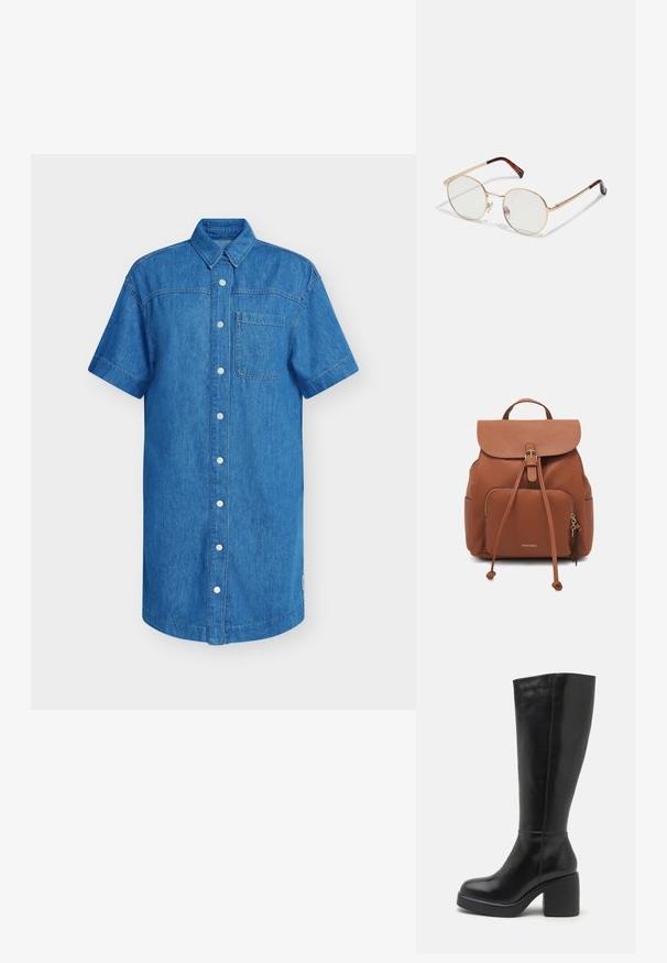Kortærmet denimskjorte i klar blå, med knaplukning, enkelt brystlomme og lige skåret kant. Blød tekstur.; Zign LEATHER - Højhælede støvler - black; Guldmetals ovale briller med klare linser. Skildpadde-mønster detaljer på stængerne. Justerbare næsepuder for komfort.; Brun faux læder rygsæk med flaplukning, snoretræk detalje, frontlomme med lynlås og hardware i guldtone.