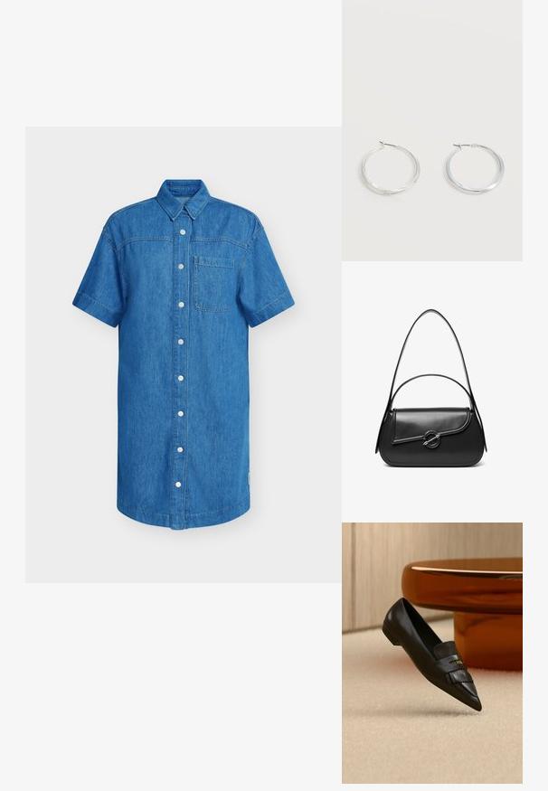 Denim overhemd met korte mouwen in helderblauw, voorzien van een knoopsluiting, een borstzak en een recht gesneden zoom. Zachte textuur.; Zwarte leren loafer met puntige neus en franjedetail, geplaatst op een beige tapijt naast een ronde oranje glazen tafel.; Zwarte leren schoudertas met een gebogen klep die is bevestigd met een ronde metalen sluiting en een smalle, verstelbare band.; Zilverkleurige metalen creolen oorbellen met een glad, licht gebogen oppervlak en sluitingen met haaksluiting op een effen witte achtergrond.