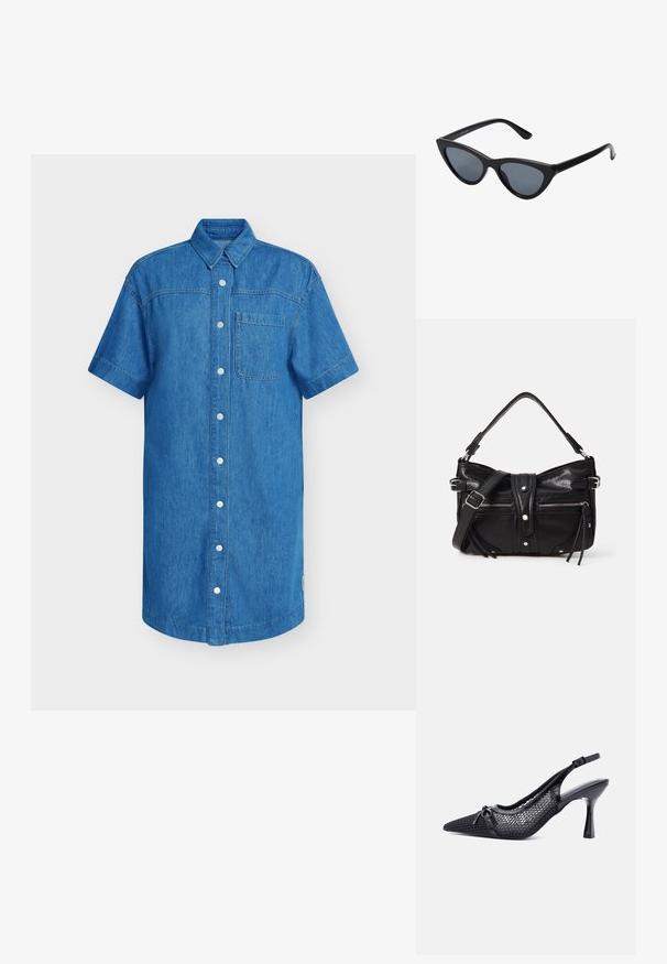 Kortærmet denimskjorte i klar blå, med knaplukning, enkelt brystlomme og lige skåret kant. Blød tekstur.; Sort spids slingback højhælet sko med mesh bikagemønster og lille dekorativ sløjfe foran.; Sorte katteøje solbriller med mørkegrå linser, slankt plastisk stel, spidse hjørner og lige stænger. Ingen synlig hardware eller dekorationer.; Even&Odd H24462 - Håndtasker - black