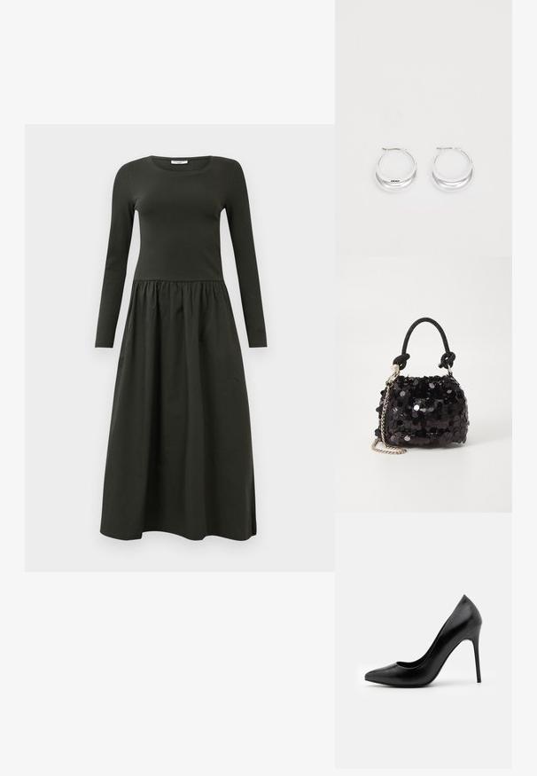 Vestido de manga larga, de color verde oscuro, con un cuerpo ajustado y una falda recogida y fluida. Confeccionado con una tela de textura suave. Escote redondo.; Zapato de tacón alto de cuero negro con punta afilada y textura suave. Presenta un tacón stiletto delgado y un diseño de escote bajo.; Bolso de mano mini negro con lentejuelas, con una correa de textura anudada y cadena plateada. Forma redondeada con parte superior fruncida y detalles reflectantes.; Pendientes de aro de plata con un acabado pulido y la marca DKNY, exhibidos sobre un fondo blanco liso.