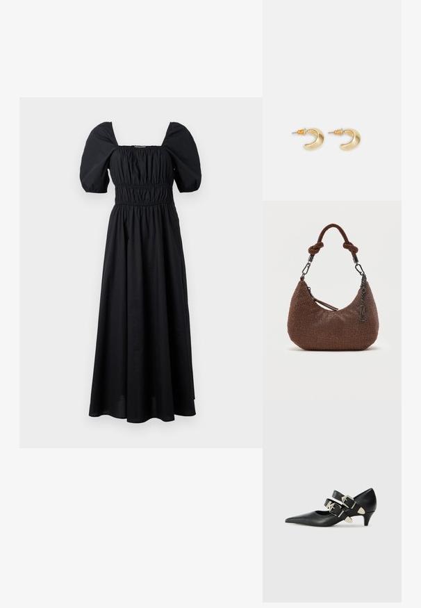 Robe maxi noire avec un décolleté carré, des manches bouffantes et une taille élastique, réalisée en tissu léger à la texture lisse.; Replay CECILE DOUBLE - Escarpins - black; Petit sac à main en forme de croissant, orné de perles marron, avec une poignée nouée, une fermeture éclair et un pendentif métallique logo suspendu.; Boucles d'oreilles en forme de croissant en or avec une finition lisse, présentant des accents orange près du clou et un matériel en argent.