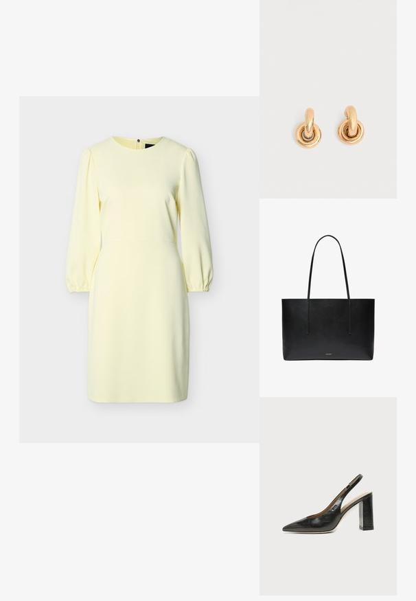 Robe jaune pâle jusqu'aux genoux avec manches longues bouffantes, encolure ronde, poignets élastiques et fermeture éclair au dos.; Chaussure slingback en cuir noir à bout pointu avec un talon bloc haut et une doublure intérieure beige sur un fond clair uni.; Sac tote en cuir noir avec de longues poignées et petit logo Calvin Klein centré près du bas à l'avant.; Paire de boucles d'oreilles créoles dorées et brillantes avec des maillons circulaires épais sur un fond gris clair uni.