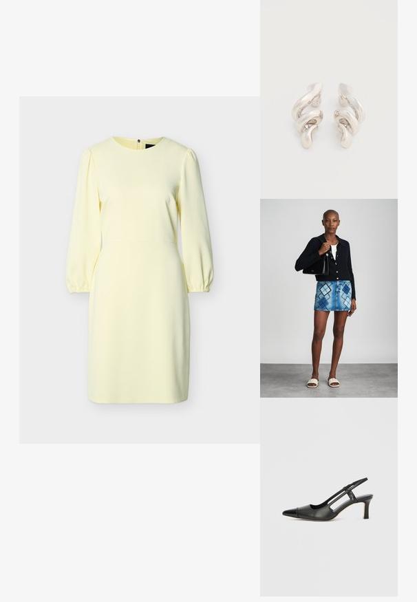 Robe jaune pâle jusqu'aux genoux avec manches longues bouffantes, encolure ronde, poignets élastiques et fermeture éclair au dos.; Chaussure à bride arrière en cuir noir avec bout pointu, dotée d'un accent brillant sur le bout et d'un talon de hauteur moyenne. Design latéral ouvert.; Un cardigan en maille noir, un haut blanc, une jupe en denim avec un motif de diamants bleus et noirs, un sac à main noir et des sandales à enfiler beiges.; Boucles d'oreilles clips en métal argenté torsadé avec une finition lisse et brillante, présentant un design moderne et abstrait en spirale.