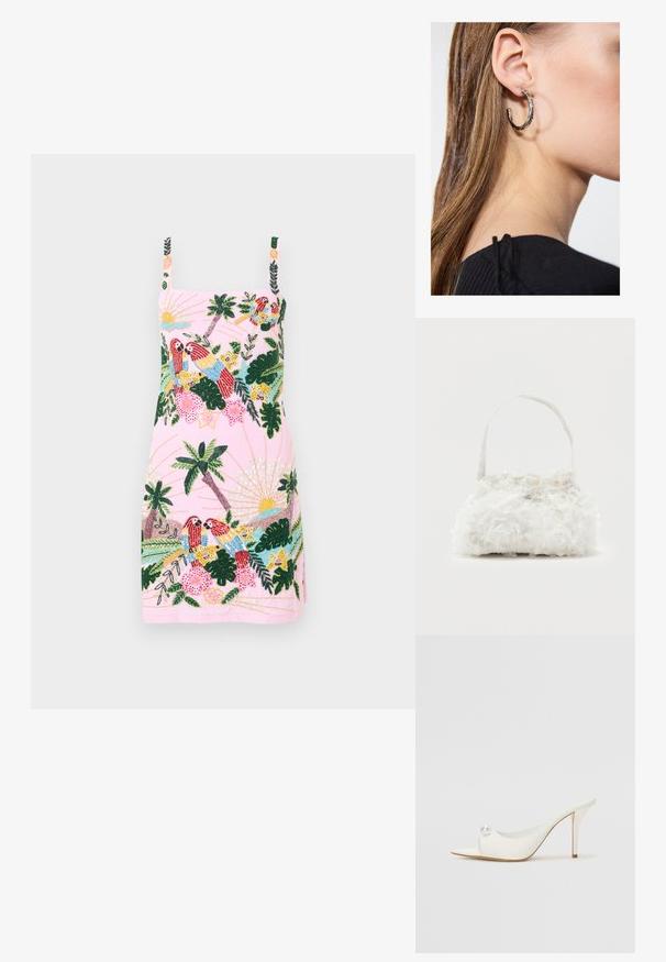 Robe rose sans manches avec broderie tropicale de perroquets, palmiers, fleurs et motifs de soleil sur le devant et les bretelles.; Chaussure à talon ouverte blanche avec un bout pointu, finition lisse et accent décoratif en perles sur le côté. Talon stiletto fin et design minimaliste.; Petit sac à main blanc orné de roses en tissu recouvrant le corps et d'une fine anse unique, sur un fond uni.; Boucle d'oreille en argent avec une finition polie, présentant de petits détails en or et de forme ronde, portée sur le lobe.