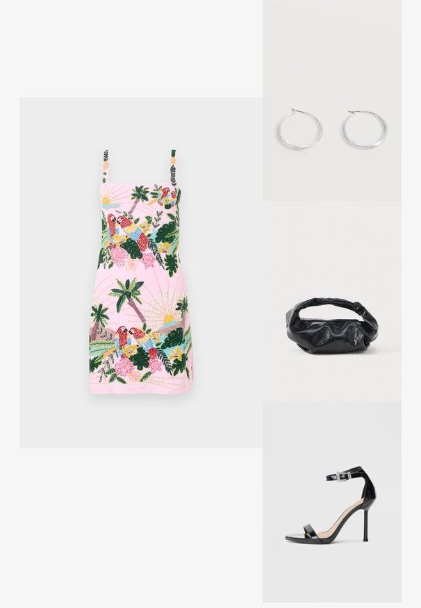 Robe rose sans manches avec broderie tropicale de perroquets, palmiers, fleurs et motifs de soleil sur le devant et les bretelles.; Sandale à talon haut en cuir verni noir avec bride à la cheville. Présente un design minimaliste, un bout ouvert et une boucle ornée de strass.; Sac noir en matériau texturé et brillant avec une poignée circulaire torsadée et une fermeture éclair. Présente un design doux et froissé.; Boucles d’oreilles créoles en métal argenté avec une surface lisse légèrement incurvée et des fermoirs à clapet sur un fond blanc uni.