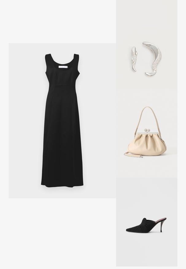 Vestido maxi negro sin mangas con escote redondeado, que presenta un corpiño ajustado y una falda fluida. Tejido suave con un ligero brillo.; Mule negro de tacón alto con punta puntiaguda, tejido suave con textura fruncida en la parte delantera y tacón de aguja delgado.; Bolso de mano de cuero suave beige con cierre de marco metálico plateado, una correa para el hombro y una correa de cadena opcional sobre un fondo blanco.; Dos pendientes de plata curvados, uno más grande que el otro, ambos adornados con pequeños cristales brillantes a lo largo de un borde.