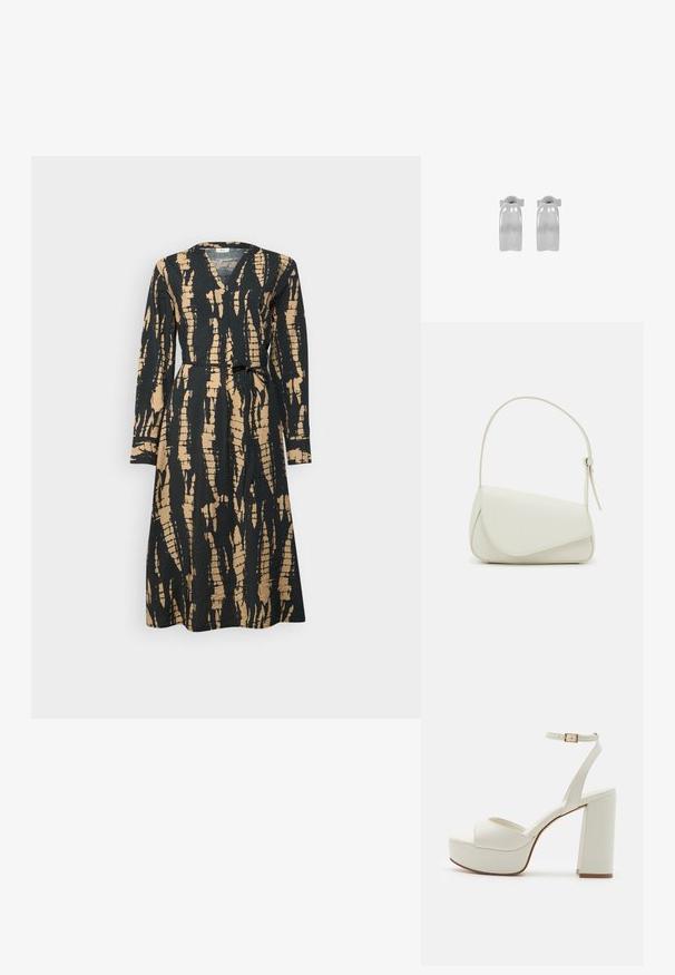 Langärmliges Wickelkleid mit einem Schwarz-Gold-Abstract-Muster, V-Ausschnitt und einem Gürtel in der Taille, hergestellt aus strukturierter Stoff.; Weiße Plateausandaletten mit Blockabsatz, offener Zehenpartie und Knöchelriemen, der mit einer metallischen Schnalle versehen ist. Hergestellt aus glattem, synthetischem Material.; Weiße Kunstleder-Handtasche mit einer strukturierten dreieckigen Form, einem verstellbaren Einzelgurt und einem Klappenverschluss mit geschwungenen Akzenten.; Paar polierte silberne Creolen mit glatter, leicht gebogener Oberfläche und Schmetterlingsverschluss, auf weißem Hintergrund dargestellt.