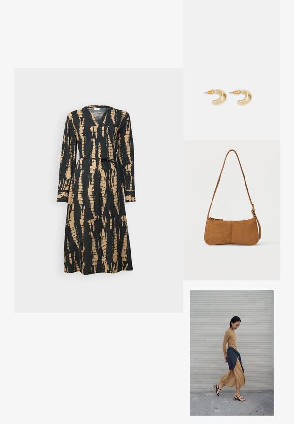 Langärmliges Wickelkleid mit einem Schwarz-Gold-Abstract-Muster, V-Ausschnitt und einem Gürtel in der Taille, hergestellt aus strukturierter Stoff.; Frau geht in einem langen beigen Kleid und schwarzen Sandalen, mit einem dunklen Pullover, der um ihre Taille gebunden ist, vor einem geschlossenen Rollladenhintergrund.; Braune Schultertasche aus Wildleder mit geschwungener Form, verstellbarem Riemen, Reißverschluss und minimaler Hardware. Glatte Textur mit einfachem Design.; Goldene, mondförmige Ohrringe mit glatter Oberfläche, die orangefarbene Akzente nahe dem Stecker und silberne Beschläge aufweisen.