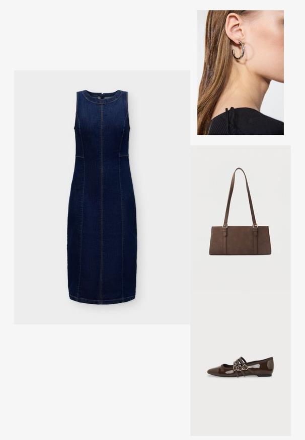 Robe en denim bleu foncé sans manches avec encolure ronde, coutures apparentes et ourlet au genou, présentée sur un fond uni.; Chaussure plate en cuir verni marron avec bout pointu et trois brides ajustables à boucle sur le côté, vue du profil extérieur.; Sac à bandoulière rectangulaire marron avec longues sangles et détails de couture minimalistes sur un fond uni.; Boucle d'oreille en argent avec une finition polie, présentant de petits détails en or et de forme ronde, portée sur le lobe.