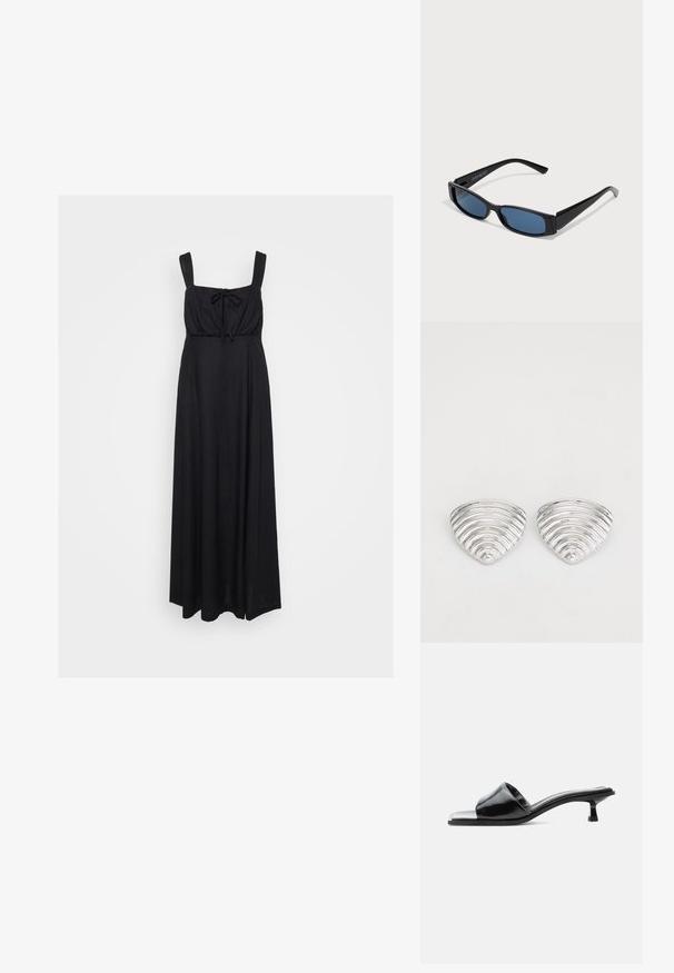 Robe maxi noire avec un décolleté carré, des bretelles larges et un détail à nouer à l'avant. Fabriquée en tissu doux et léger.; Mule ouverte en cuir verni noir avec un petit talon kitten bas et une large bride sur les orteils, présentée en profil sur un fond uni.; Lunettes de soleil noires avec une monture rectangulaire élégante et des verres bleus. Présente une texture lisse et des branches robustes. Logo de la marque sur le côté.; Boucles d'oreilles en argent avec un design ondulé et texturé, en forme de croissants superposés ; la finition polie accentue les qualités réfléchissantes.