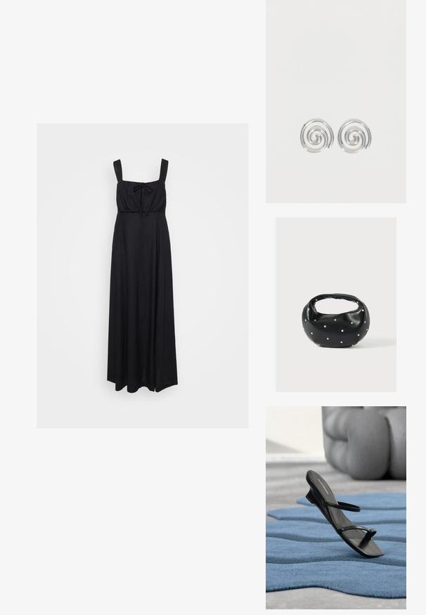 Robe maxi noire avec un décolleté carré, des bretelles larges et un détail à nouer à l'avant. Fabriquée en tissu doux et léger.; Sandale noire à brides avec boucle d’orteil exposée sur un tapis texturé bleu, avec un grand objet décoratif gris flouté en arrière-plan.; Sac à main en cuir noir de forme arrondie, décoré de clous argentés et équipé d'une poignée courte. Texture lisse et fermeture éclair.; Paire de boucles d'oreilles en forme d'anneau spirale en argent avec un design lisse et arrondi sur fond blanc uni.