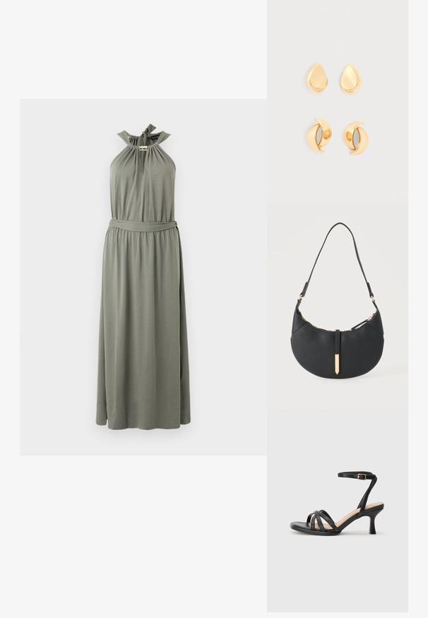 Robe dos nu couleur vert olive avec encolure froncée, accent doré et ceinture assortie en tissu à la taille, style longueur genou.; Sandales à talons noirs avec plusieurs fines lanières sur le bout, une seule lanière à la cheville avec une boucle dorée, et un bout carré.; Sac à main noir en forme de croissant avec une bandoulière unique, une fermeture éclair dorée et une languette décorative rectangulaire dorée à l'avant.; Deux paires de boucles d'oreilles en or brillant, l'une en forme de goutte et l'autre en forme de croissant, présentées sur un fond clair.