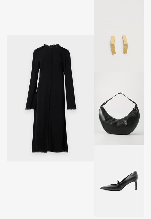 Robe longue noire en tissu doux, avec une coupe droite, des bords à franges et de longues manches à larges poignets. Aucun système de fermeture.; Escarpin noir en cuir à bout pointu avec une fine bride et une boucle sur le cou-de-pied, posé sur un fond clair neutre.; Sac à épaule en cuir noir, de forme courbée, avec une texture douce et une seule sangle; il comporte une fermeture éclair dorée et un logo discret.; Boucles d'oreilles en métal doré avec un design cintré et allongé. La surface est lisse et polie, arborant un style minimaliste.
