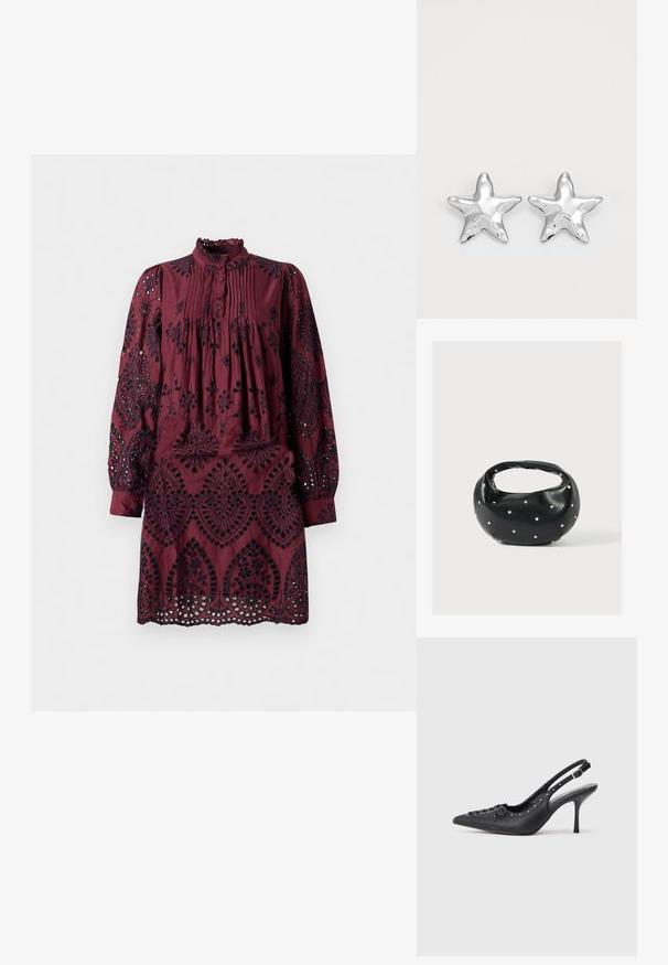 Bordeauxkjole med lange ærmer, plisseret foran, flæsekrave og intrikate sorte broderimønstre. Øjeudskæringer langs kanten.; Sorte læder slingback stiletto med spids tå, side spændebånd, nitter langs kanten og dekorativ snøring foran.; Sort læderhåndtaske med en rundet form, dekoreret med sølvnitter, og et kort håndtag. Glat tekstur og lynlåslukning.; Sølvstjernede øreringe med en poleret, blank overflade. Hver ørering har fem spidser og subtile teksturdetaljer på overfladen.