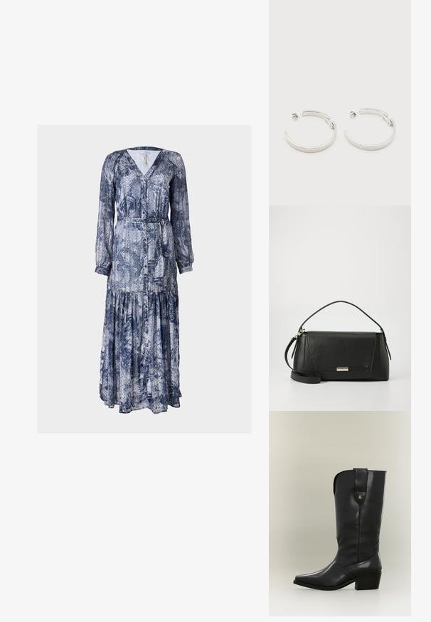 Vestido de manga larga con escote en V en estampado de paisley azul y blanco. Cuenta con una cintura ajustada y una falda de volantes, confeccionado en una tela ligera.; Bota cowboy alta de cuero negro con punta puntiaguda, tacón grueso y lengüeta con un pequeño logo dorado.; Bolso de mano de cuero negro con un diseño estructurado, una correa de hombro desmontable y un acento de cierre metálico. Presenta líneas limpias y una textura suave.; Pendientes de aro semicírculo en tono plateado con textura acanalada y cierre de presión sobre fondo blanco.