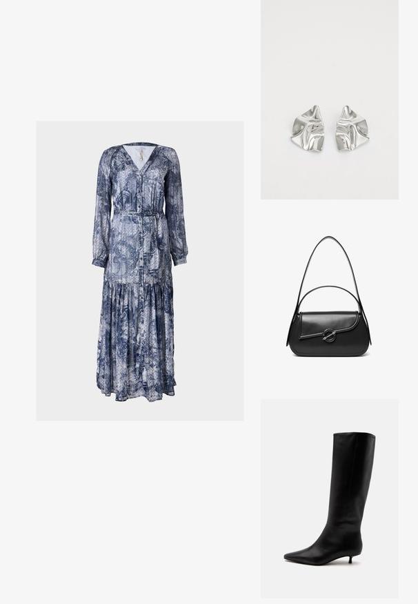 Vestido de manga larga con escote en V en estampado de paisley azul y blanco. Cuenta con una cintura ajustada y una falda de volantes, confeccionado en una tela ligera.; Bota alta de cuero negro hasta la rodilla con puntera puntiaguda y tacón bajo tipo kitten sobre un fondo claro y liso.; Bolso de hombro de cuero negro con una solapa curva asegurada por un broche metálico redondo y una correa delgada y ajustable.; Pendientes de metal plateado con un diseño ondulado y escultórico, que presentan un acabado pulido y formas irregulares, destacando una estética contemporánea.