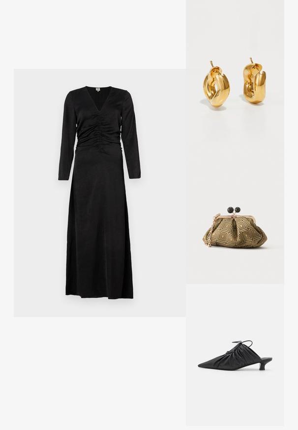 Schwarzes langärmeliges Kleid mit V-Ausschnitt, mit gerafften Details an der Taille und einem Seitenschlitz, aus einem glatten, leichten Stoff gefertigt.; Schwarze Leder-Mules zum Hineinschlüpfen mit spitzer Zehe, geraffter Textur und kleinem Kitten-Heel. Verfügt über ein Zugbanddetail am Öffnung.; Kleine Clutch mit goldenem und schwarzem geometrischem Muster, goldfarbenem Metallrahmen, schwarzem Kugelverschluss und kurzem goldfarbenem Kettenriemen.; Fette goldene Creolen mit einem leicht verdrehten, röhrenförmigen Design und Steckverschlüssen auf einem weißen Hintergrund.