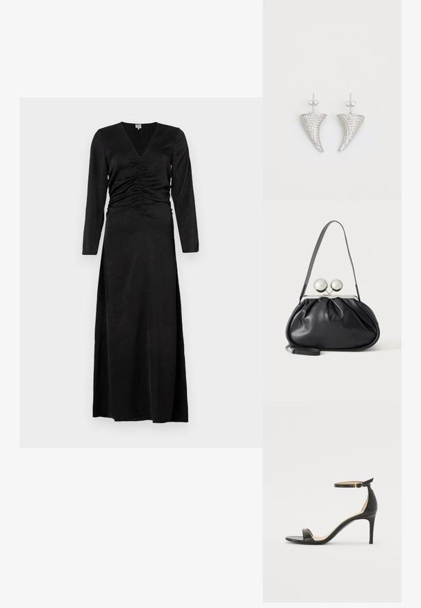 Schwarzes langärmeliges Kleid mit V-Ausschnitt, mit gerafften Details an der Taille und einem Seitenschlitz, aus einem glatten, leichten Stoff gefertigt.; Schwarze Leder-high-heeled Sandale mit Knöchelriemen. Verfügt über eine glatte Textur, offene Zehen und einen dünnen Absatz. Goldfarbener Schnallenakzent.; Schwarze Ledertasche mit gerafftem Design, einem einzelnen Riemen, silbernem Metallrahmen und zwei großen runden silbernen Verschlüssen.; Silberne, hornförmige Ohrringe, besetzt mit kleinen klaren Steinen, mit einem Steckverschluss zur Befestigung. Glatte Textur und metallisches Finish.