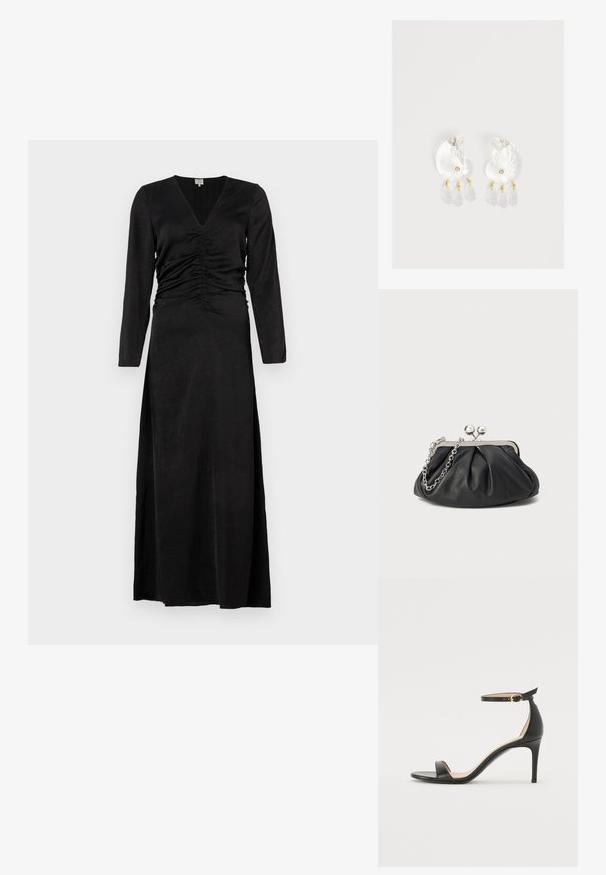 Robe noire à manches longues avec décolleté en V, présentant des détails froncés à la taille et une fente sur le côté, fabriquée à partir d'un tissu lisse et léger.; Sandale à talons hauts en cuir noir avec une lanière de cheville. Présente une texture lisse, un bout ouvert et un talon fin. Détail de boucle en ton doré.; Porte-monnaie en cuir noir avec texture froncée, cadre en métal argenté, fermeture à verrouillage kiss-lock et bandoulière en chaîne. Surface lisse et douce.; Boucles d'oreilles en résine transparente en forme de coquillage avec de petits accents dorés et trois breloques translucides en forme de goutte pendantes sur chaque boucle d'oreille.