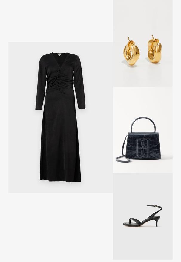 Robe noire à manches longues avec décolleté en V, présentant des détails froncés à la taille et une fente sur le côté, fabriquée à partir d'un tissu lisse et léger.; Sandale pour femme en cuir noir avec fines lanières, une boucle d'orteil, une boucle à la cheville et un talon aiguille de hauteur moyenne sur un fond neutre.; Sac à main en cuir noir embossé en crocodile avec un design structuré, une poignée supérieure, une bandoulière ajustable et un détail de logo en avant bien visible.; Boucles d'oreilles créoles en or massif avec un design tubulaire légèrement tordu et des fermoirs à tige sur un fond blanc.