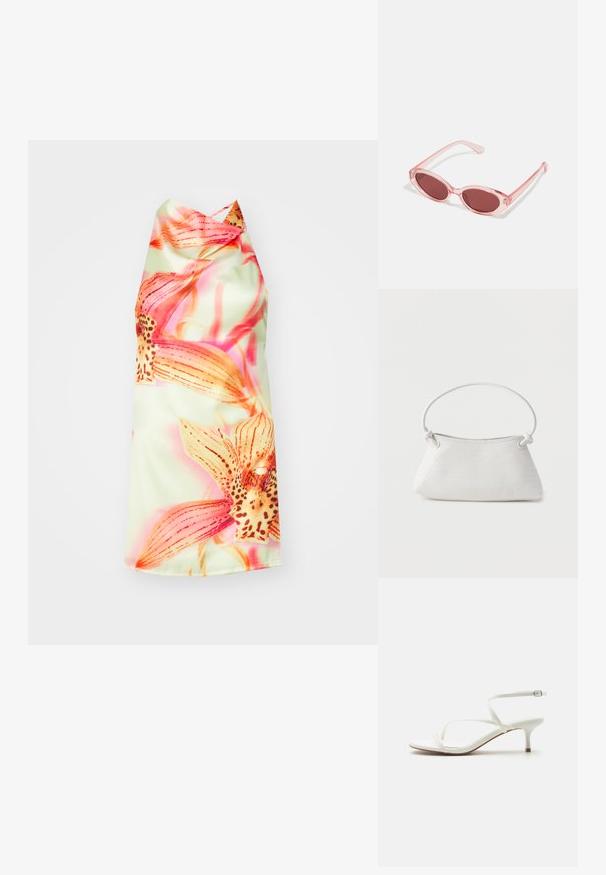 Blomster halterneck kjole med en lys grøn baggrund, prydet med livlige pink og orange blomster, glat tekstur og en elegant fald.; Hvid damesandal med remme, lav kittenhæl og ankelspænde på ensartet hvid baggrund.; Lyserøde transparente solbriller med ovale linser, mørkerød toning og slanke stænger, der har en glat overflade og diskret detaljering på rammen.; Hvid fletlæderhåndtaske med afrundet håndtag og ender på remmen, der er knyttet, vist mod en ensfarvet baggrund.