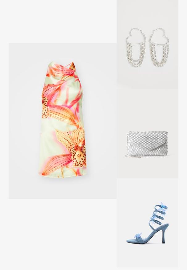 Blomster halterneck kjole med en lys grøn baggrund, prydet med livlige pink og orange blomster, glat tekstur og en elegant fald.; Lyseblå højhælede sandaler med spiral ankelsnor og gennemsigtige blå sommerfugledekorationer på tå- og ankelsnore.; Sølv mesh aftenclutch med konvolutklap og tynd kæderem på ens hvid baggrund.; Sølv hoops i hjerteform, prydet med hængende strenge af klare rhinsten for ekstra glans og struktur.