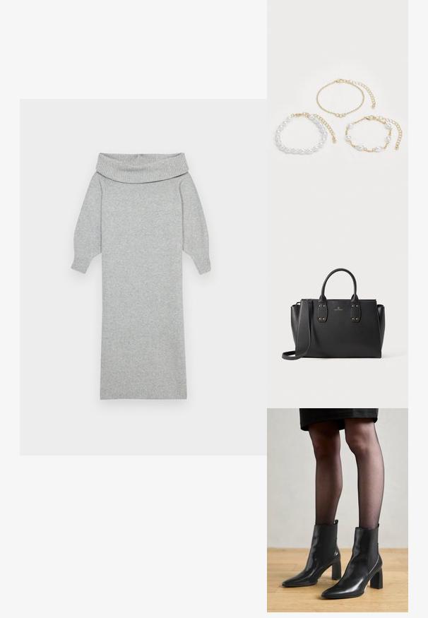 Grå strikket sweaterkjole med en bred off-shoulder krave, ribbede manchetter og en lige silhuet. Blød tekstur og mellemlang design.; Sorte læderankelstøvler med spids tå, kraftig firkantet hæl og slankt design. Har elastiske sidepaneler for nem påtagning.; Sort faux læder håndtaske med to top-håndtag, guldfarvede nitter og en aftagelig skulderrem. Glat tekstur med en struktureret form.; Tre armbånd: et med hvide perler, et guld kæde med krystal detaljer, og et med blandede guld og perle forbindelser. Guldtonerne dominerer.