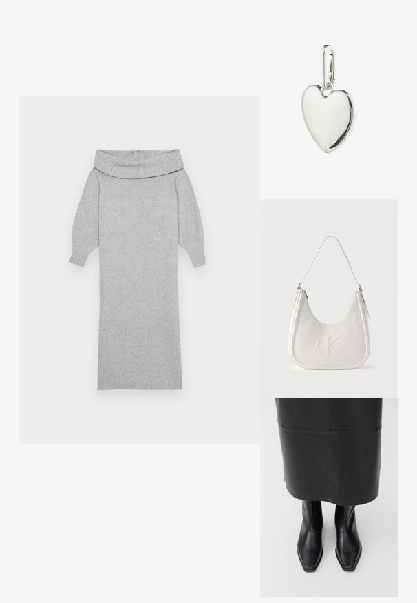 Grå strikket sweaterkjole med en bred off-shoulder krave, ribbede manchetter og en lige silhuet. Blød tekstur og mellemlang design.; Sorte læder støvler med høj ankel, firkantet tådesign og sideskilt. Glat tekstur og minimal hardware; sammen med en sort lædernederdel.; Hvid skuldertaske i læder med lynlås, buet form og forhøjet CK-logo prægget på forsiden.; Sølv hjerteformet vedhæng, poleret finish, med en rund top og spids bund, der har en sikker clips-kobling.