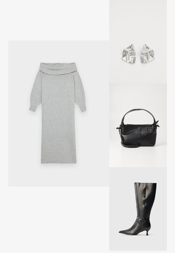 Graues gestricktes Sweaterkleid mit einem breiten Off-Shoulder-Kragen, gerippten Bündchen und gerader Silhouette. Weiche Textur und knielanges Design.; Schwarzer kniehoher Lederstiefel mit spitzer Zehenpartie und niedrigem Kittenabsatz, präsentiert vor einem schlichten hellen Hintergrund.; Schwarze Lederhandtasche mit strukturiertem Design, rundem Haltegriff und abnehmbarem Schulterriemen. Sie weist eine glatte Oberfläche und einen subtilen Glanz auf.; Silberne Metallohrringe mit einem wellenförmigen, skulpturalen Design, das eine polierte Oberfläche und unregelmäßige Formen aufweist, die eine zeitgenössische Ästhetik betonen.