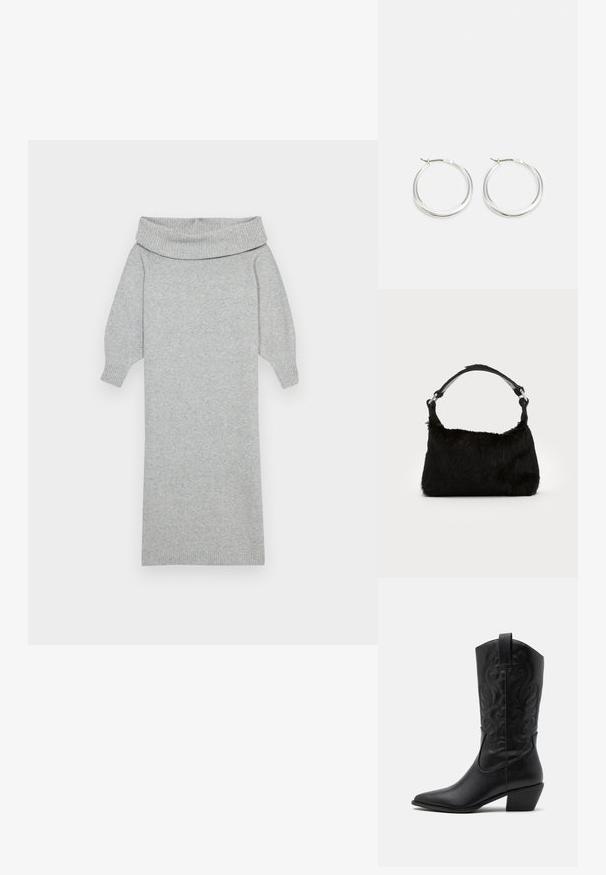 Grå strikket sweaterkjole med en bred off-shoulder krave, ribbede manchetter og en lige silhuet. Blød tekstur og mellemlang design.; Sorte læder cowboystøvler med spids tå, præget svungen mønster og en mid-højde hæl. Har en trækflap for nemt at tage på.; Sort faux fur håndtaske med en blød tekstur, rund form og en robust skulderrem i sort læder. Synlige sølvhardware-detaljer.; Sølv hoops øreringe har et glat, afrundet design med en slank profil og sikker spænde. Minimalistisk stil med en poleret finish.