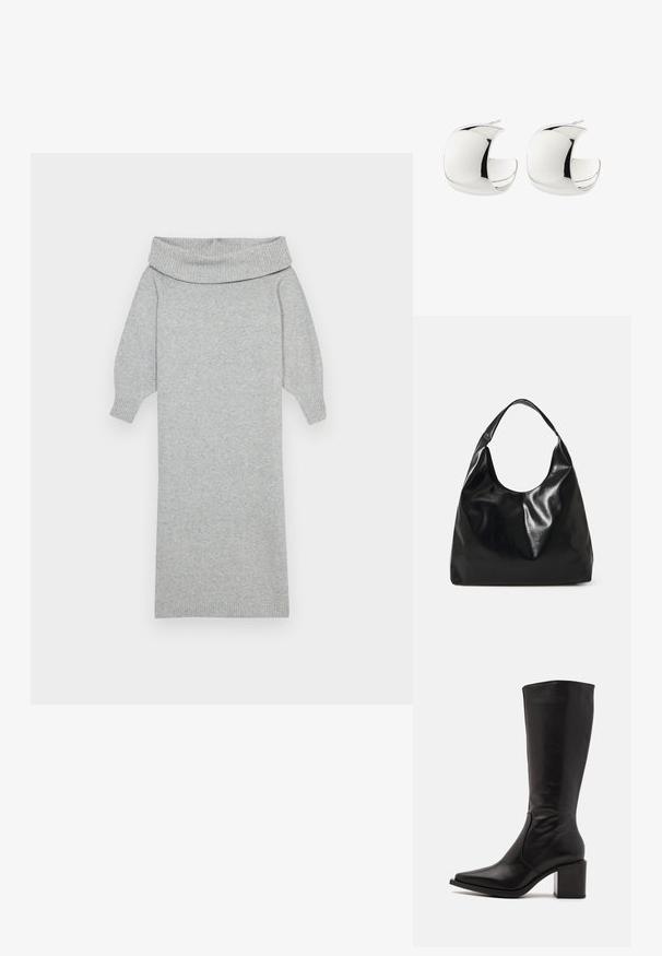 Graues gestricktes Sweaterkleid mit einem breiten Off-Shoulder-Kragen, gerippten Bündchen und gerader Silhouette. Weiche Textur und knielanges Design.; Zign LEATHER - Stiefel - black; Schwarze Leder-Hobo-Tasche mit einer weichen, glänzenden Textur und einem runden, offenen Oberteil. Verfügt über einen breiten, gebogenen Tragegurt. Keine sichtbaren Beschläge.; Paar polierte silberne halbmondförmige Creolen mit Steckverschluss auf weißem Hintergrund.
