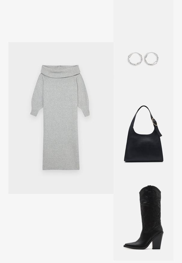 Graues gestricktes Sweaterkleid mit einem breiten Off-Shoulder-Kragen, gerippten Bündchen und gerader Silhouette. Weiche Textur und knielanges Design.; Simmi London DANIQUE - High Heel Stiefel - black; Schwarze Leder-Tote mit glatter Textur, runder Form und einem einzigen Schulterriemen, der mit einem runden goldenen Hardware-Akzent verziert ist.; Silberne Creolen mit einer welligen, unregelmäßigen Textur. Besitzen eine dünne, kreisförmige Form und eine reflektierende Oberfläche.