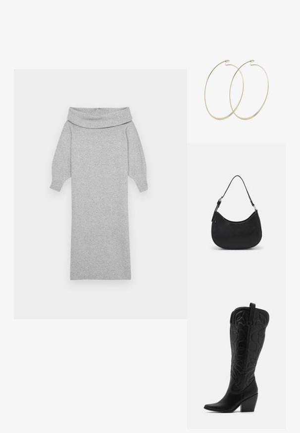 Graues gestricktes Sweaterkleid mit einem breiten Off-Shoulder-Kragen, gerippten Bündchen und gerader Silhouette. Weiche Textur und knielanges Design.; Schwarze kniehohe Stiefel aus Leder mit spitz zulaufender Zehenpartie und gestapeltem Absatz. Verfügt über dekorative Nähte und geschwungene Designelemente.; Schwarze Hobo-Tasche aus glattem Leder mit einer geschwungenen Silhouette, ausgestattet mit einem einzelnen verstellbaren Trageriemen und minimalistischem Design.; Pilgrim Ohrringe - gold-coloured