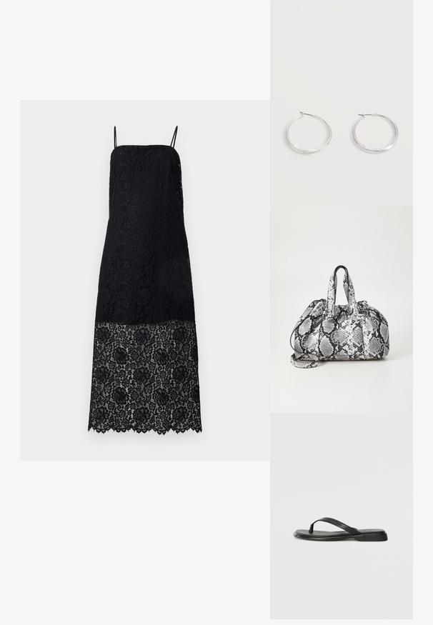 Robe noire en dentelle avec des bretelles spaghetti, présentant des motifs floraux élaborés. Le ourlet est festonné, ajoutant du détail au design du tissu.; Tongs noires en cuir lisse, avec un design de sangle fine et une semelle plate à profil minimal. Aucun motif ou accent notables.; Sac à main en motif peau de serpent noir et blanc avec deux poignées, une fermeture à cordon et une bandoulière amovible. Texture lisse.; Boucles d’oreilles créoles en métal argenté avec une surface lisse légèrement incurvée et des fermoirs à clapet sur un fond blanc uni.