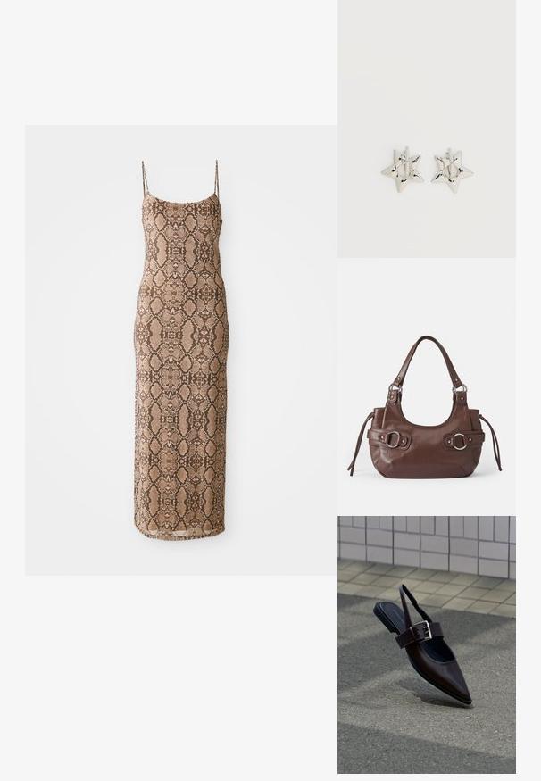 Vestido sin mangas, ajustado, con un estampado de serpiente texturizado en tonos marrones, que llega hasta la mitad de la pantorrilla. Diseño simple sobre un fondo blanco.; Zapato plano de punta afilada color marrón oscuro con tira trasera y hebilla grande plateada sobre asfalto cerca de una pared con azulejos.; Bolso de mano de cuero marrón con forma redondeada, herrajes plateados, dos correas laterales y una textura suave. Cuenta con un asa superior única.; Pendientes de aro plateados en forma de estrella con un acabado liso y pulido sobre un fondo blanco liso.