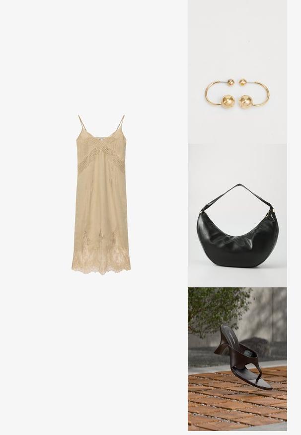 Robe nuisette beige avec fines bretelles, bordure en dentelle le long du décolleté, détail en dentelle croisée sur la poitrine et ourlet en dentelle.; Sandale à talon marron Calvin Klein suspendue au-dessus d'un sol extérieur en dalles de bois et gravier avec un arrière-plan flou de verdure et de pierres.; Sac à épaule en cuir noir, de forme courbée, avec une texture douce et une seule sangle; il comporte une fermeture éclair dorée et un logo discret.; Boucles d'oreilles en métal doré présentant un design circulaire avec deux sphères, l'une plus grande et texturée, et une petite boule polie en haut.