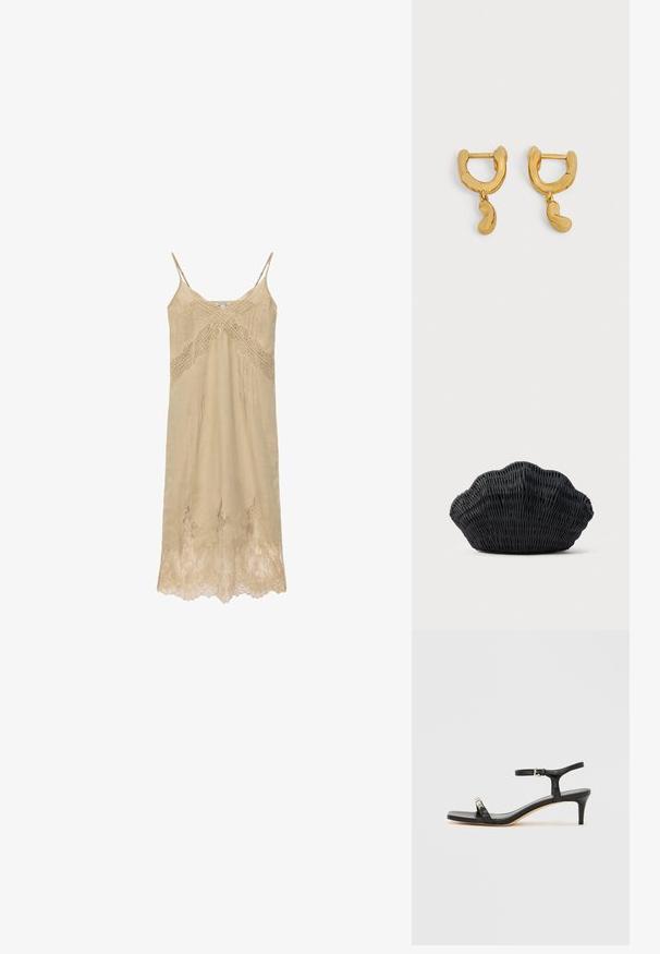 Robe nuisette beige avec fines bretelles, bordure en dentelle le long du décolleté, détail en dentelle croisée sur la poitrine et ourlet en dentelle.; Sandale noire en cuir à talon avec bride à la cheville, bout ouvert, devant carré et accent en métal argenté. Design ajusté avec un profil élégant.; Sac à main en osier noir en forme de coquille Saint-Jacques avec un dessus courbé et une texture tressée sur un fond uni.; Paire de petites boucles d'oreilles créoles dorées avec des breloques irrégulières en forme de haricot suspendues à chaque créole sur un fond neutre.