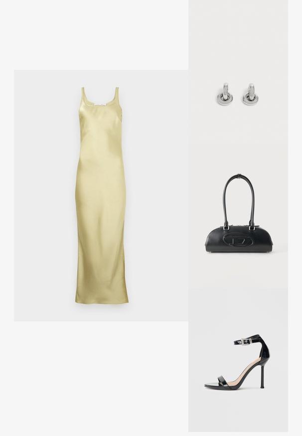Robe nuisette en satin jaune clair avec une silhouette ajustée, fines bretelles et une texture lisse, dotée d'un ourlet longueur sol.; Sandale à talon haut en cuir verni noir avec bride à la cheville. Présente un design minimaliste, un bout ouvert et une boucle ornée de strass.; Sac à main en cuir noir avec longues poignées doubles et logo ovale embossé sur le devant, présenté sur un fond clair uni.; Paire de petites boucles d'oreilles créoles argentées brillantes avec une base ronde, présentées sur un fond clair uni.
