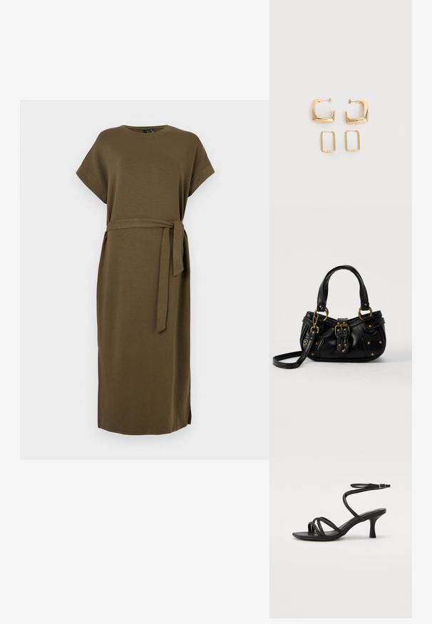 Robe vert olive, longueur genoux, en tissu doux avec des manches courtes et une ceinture en tissu à la taille. Présente des fentes latérales pour faciliter les mouvements.; Even&Odd Wide Fit by Zalando Sandales - black; Sac à main en cuir noir avec boucle dorée et détails à rivets, poignées courtes et bandoulière réglable sur fond blanc uni.; Deux paires de Boucles d'oreilles créoles géométriques dorées sur une surface blanche unie, une paire carrée et pleine, une paire rectangulaire et creuse.