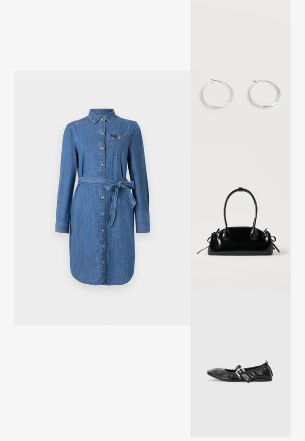 Robe chemise en denim à manches longues, avec des boutons sur le devant, une poche poitrine et une ceinture nouée à la taille, en lavage bleu moyen.; Chaussure plate en cuir noir avec un nez pointu, des détails froncés autour de l'ouverture et un accent en boucle argentée sur la bride ajustable.; Petit sac à main noir brillant avec deux longues anses et des détails à cordon sur les côtés sur un fond clair uni.; Boucles d’oreilles créoles en métal argenté avec une surface lisse légèrement incurvée et des fermoirs à clapet sur un fond blanc uni.