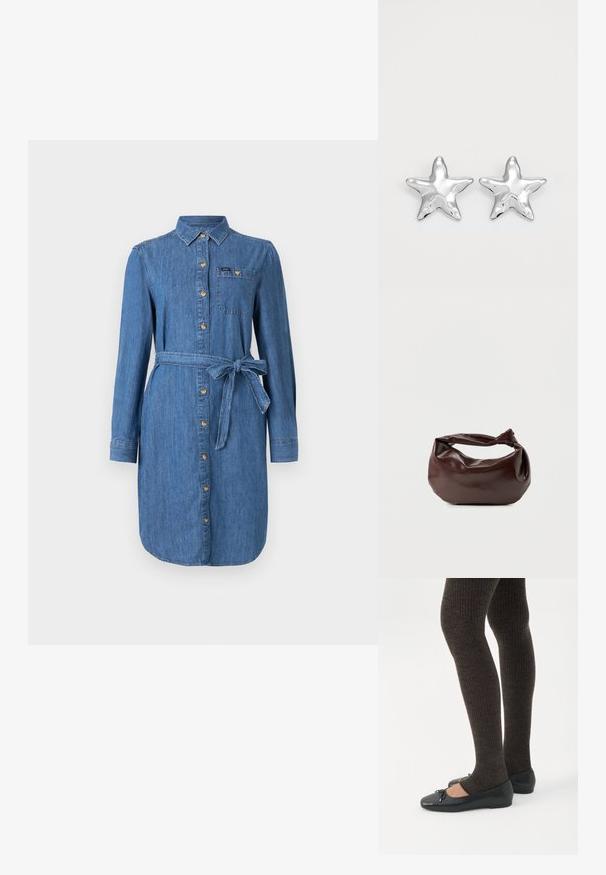 Robe chemise en denim à manches longues, avec des boutons sur le devant, une poche poitrine et une ceinture nouée à la taille, en lavage bleu moyen.; Jambes portant des leggings côtelés foncés associés à des ballerines noires avec de petits détails en nœud sur fond blanc.; Sac bandoulière en cuir marron foncé avec une forme souple et décontractée et une anse nouée torsadée sur un fond blanc uni.; Boucles d'oreilles argentées en forme d'étoile, avec une surface lisse et brillante. Chaque boucle d'oreille possède cinq pointes et des détails subtils de texture de surface.